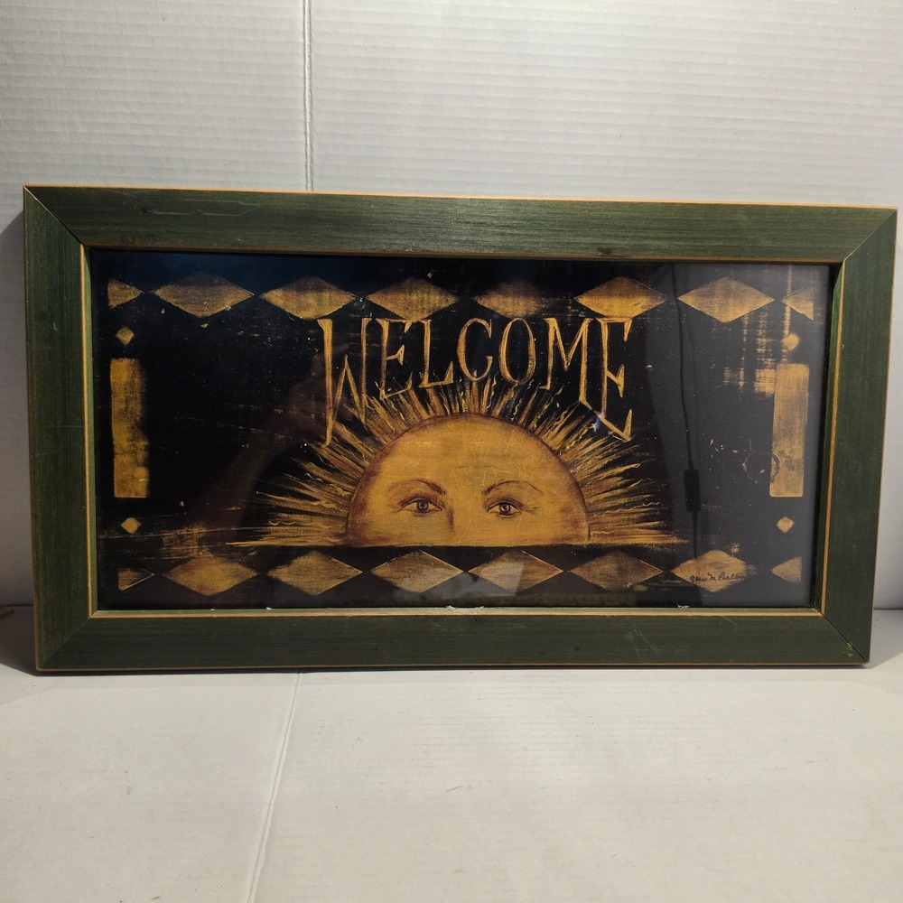 Vintage Grace M Pullen Welcome Sun Face Framed Wall Art Primitive Folk Art Green